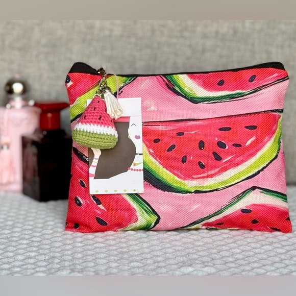 New Pink & Red Watermelon Makeup Cosmetic Tech Pencil Bag w/ Crochet Charm - 9” - Picture 1 of 9